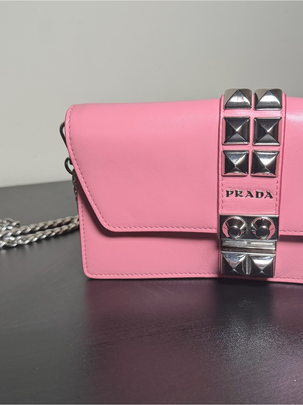 Prada Pink Leather Chain Crossbody with Silver Studs